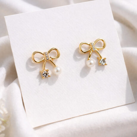 Luxury Pearl Bow Crystal Stud Earrings for Women