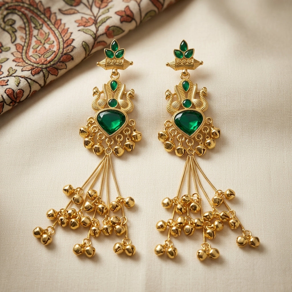 Emerald Green Kashmiri Peacock Dangler Earrings with Golden Ghungroo Tassels