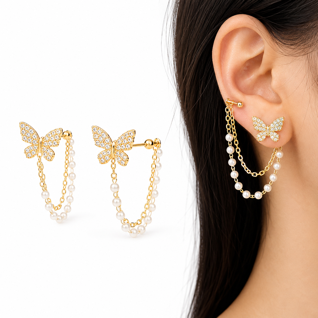Butterfly Pearl Chain Earrings