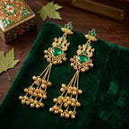 Emerald Green Kashmiri Peacock Dangler Earrings with Golden Ghungroo Tassels