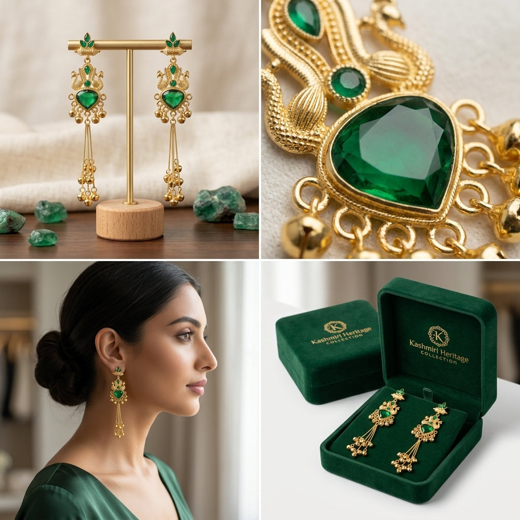 Emerald Green Kashmiri Peacock Dangler Earrings with Golden Ghungroo Tassels