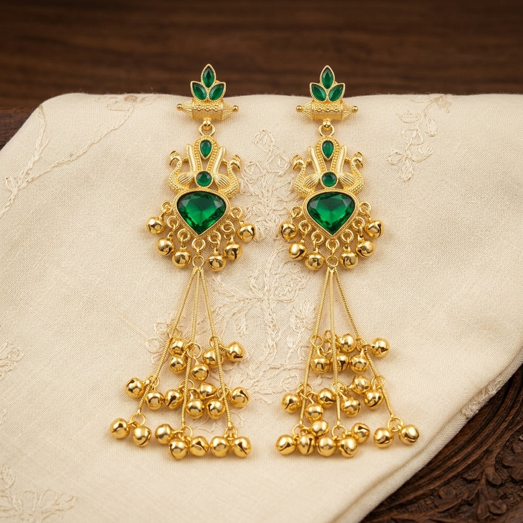 Emerald Green Kashmiri Peacock Dangler Earrings with Golden Ghungroo Tassels