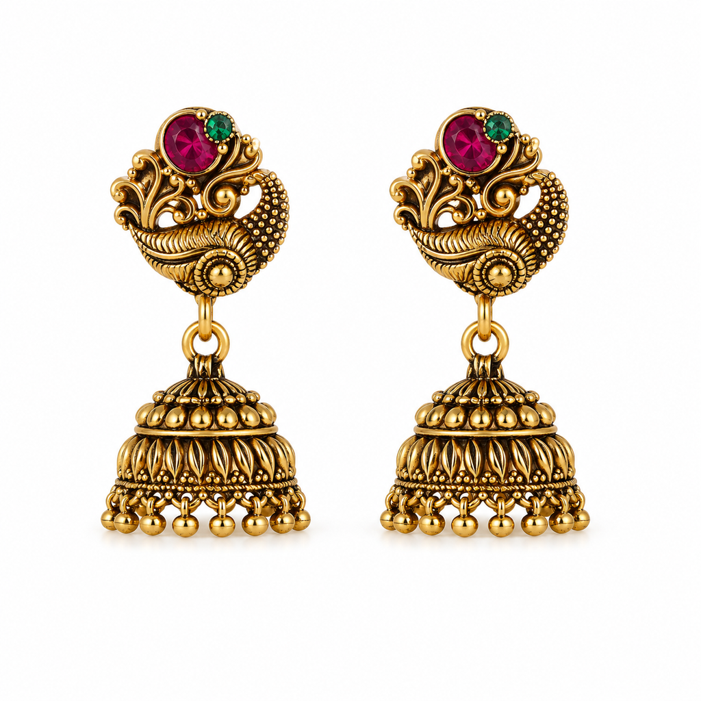 Antique Peacock Ruby Jhumka Earrings