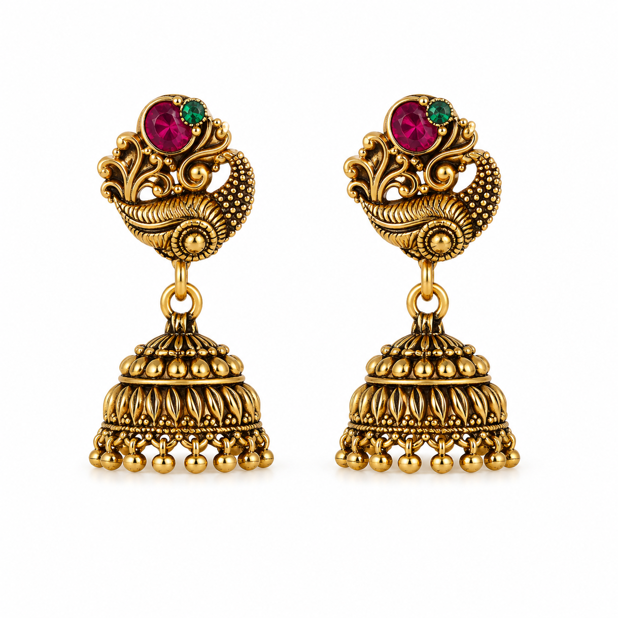 Antique Peacock Ruby Jhumka Earrings