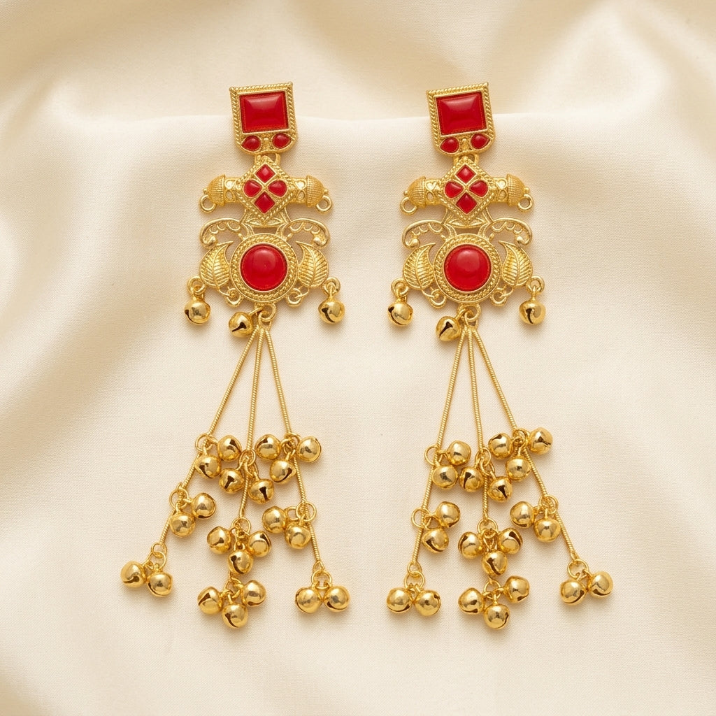 Ruby Red Kashmiri Heritage Ghungroo Dangler Earrings