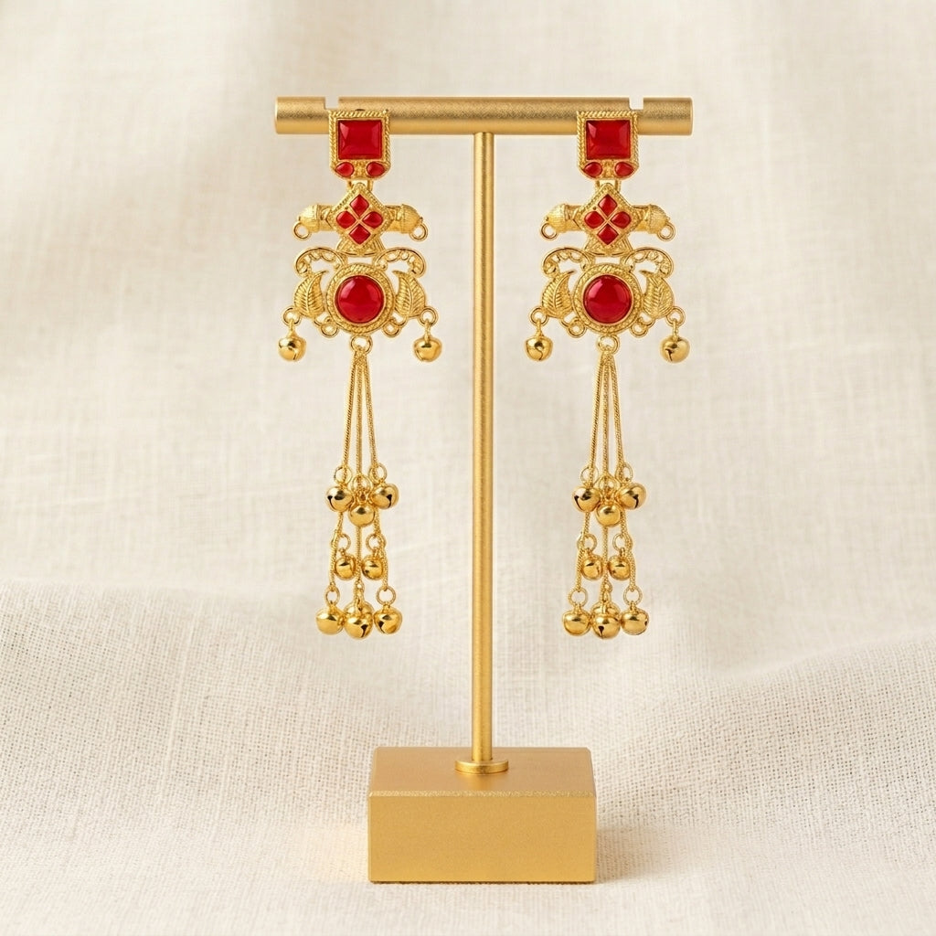 Ruby Red Kashmiri Heritage Ghungroo Dangler Earrings