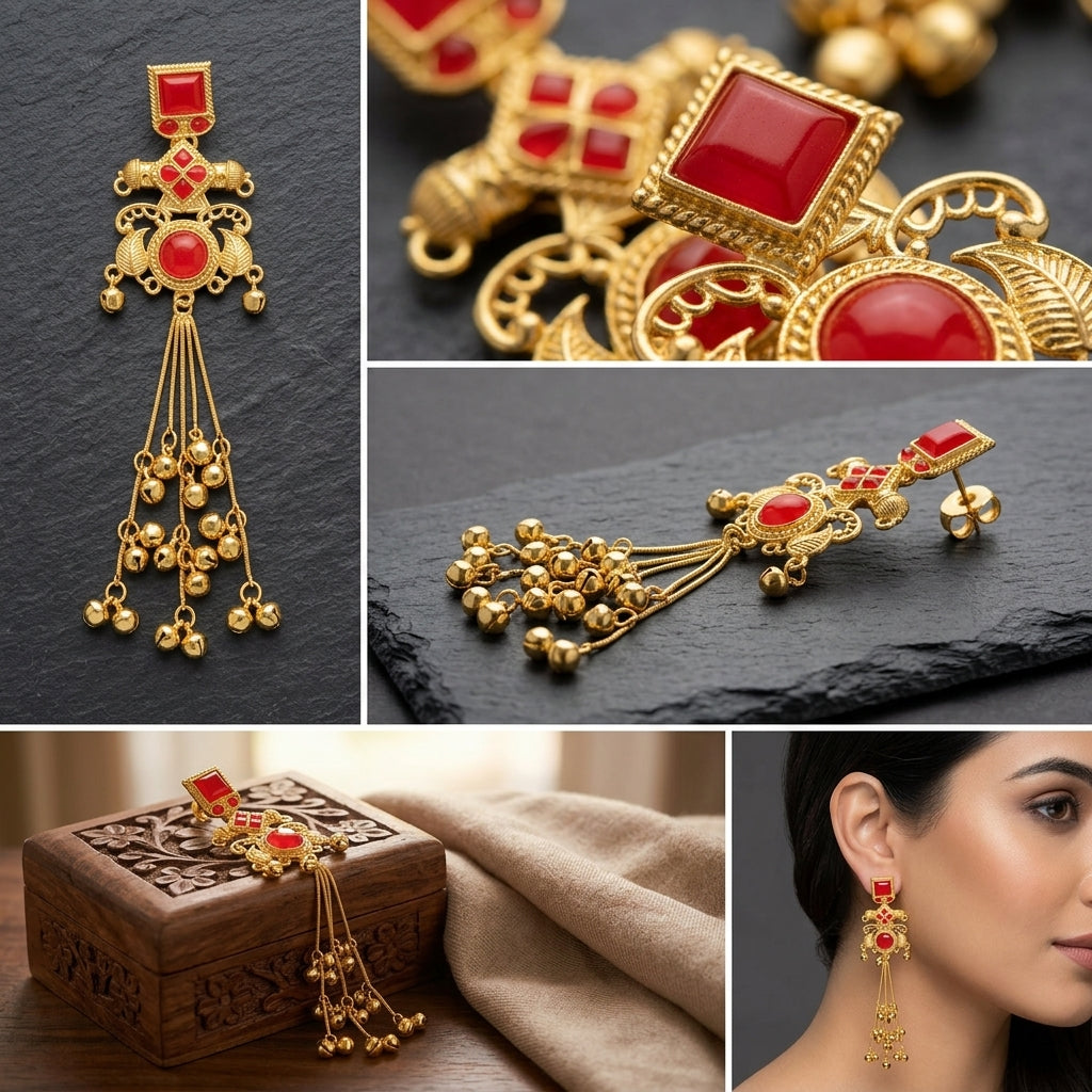 Ruby Red Kashmiri Heritage Ghungroo Dangler Earrings