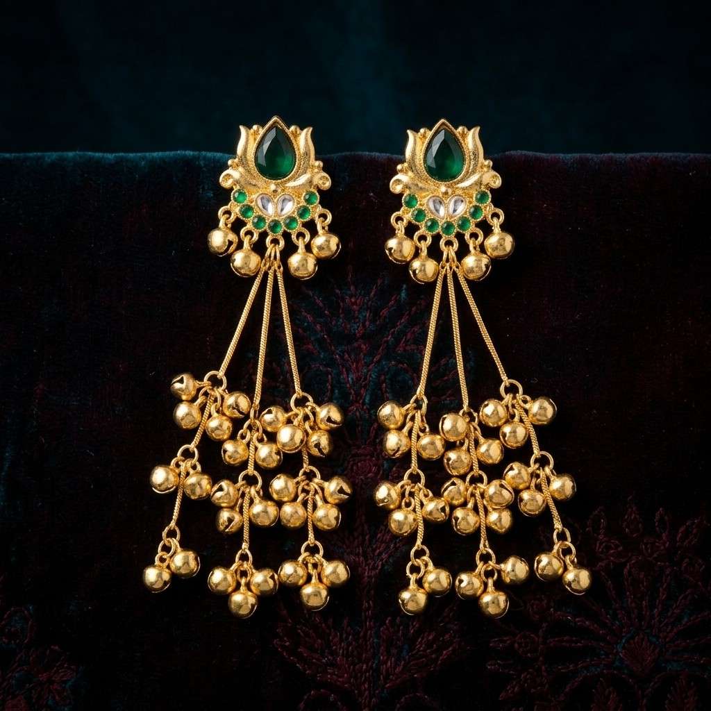 Emerald Lotus Kashmiri Ghungroo Dangler Earrings
