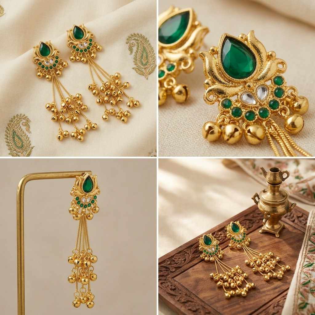 Emerald Lotus Kashmiri Ghungroo Dangler Earrings
