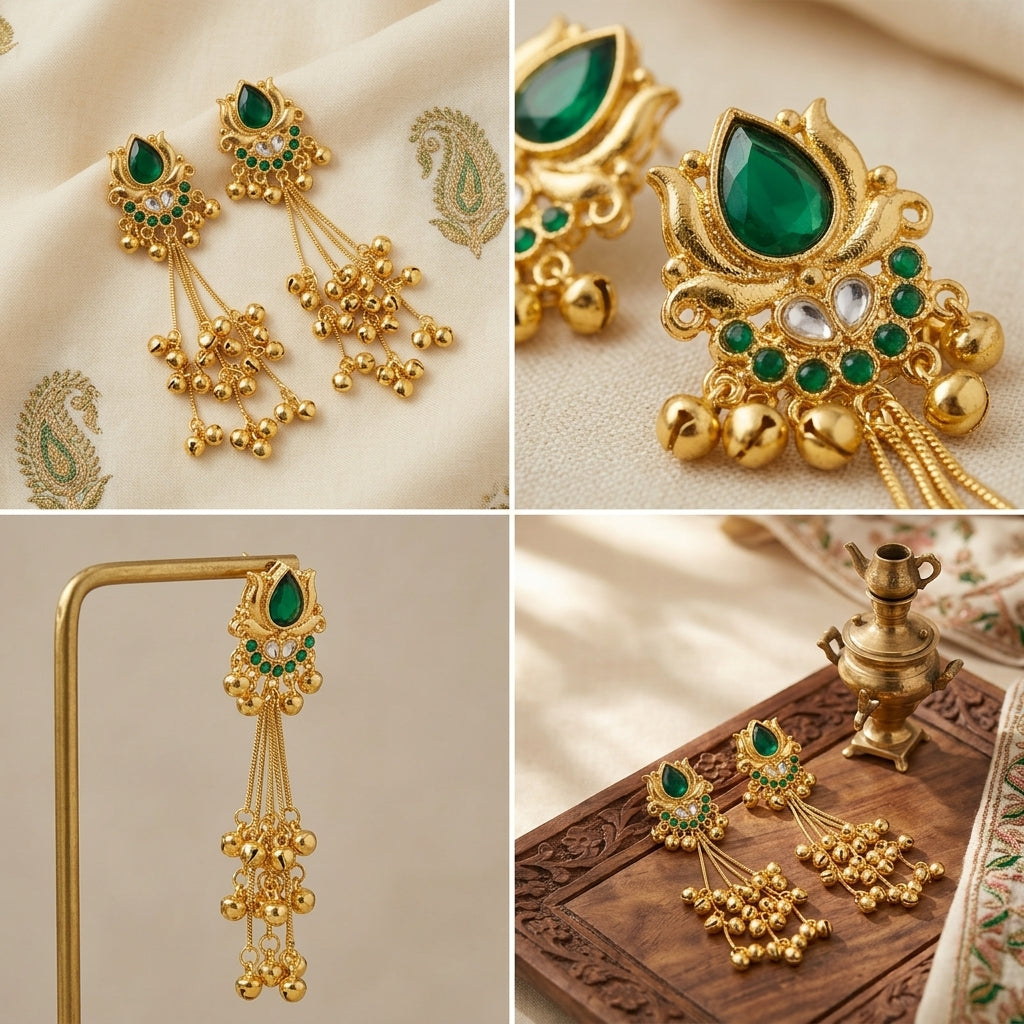 Emerald Lotus Kashmiri Ghungroo Dangler Earrings