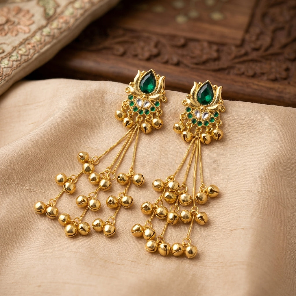 Emerald Lotus Kashmiri Ghungroo Dangler Earrings
