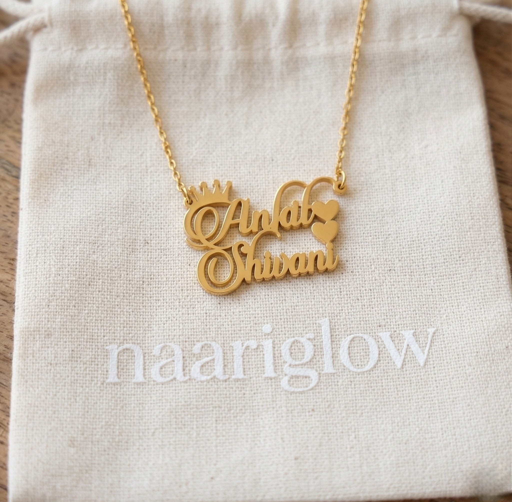 Custom Couple Name Necklace with Crown & Heart (Gold Finish)
