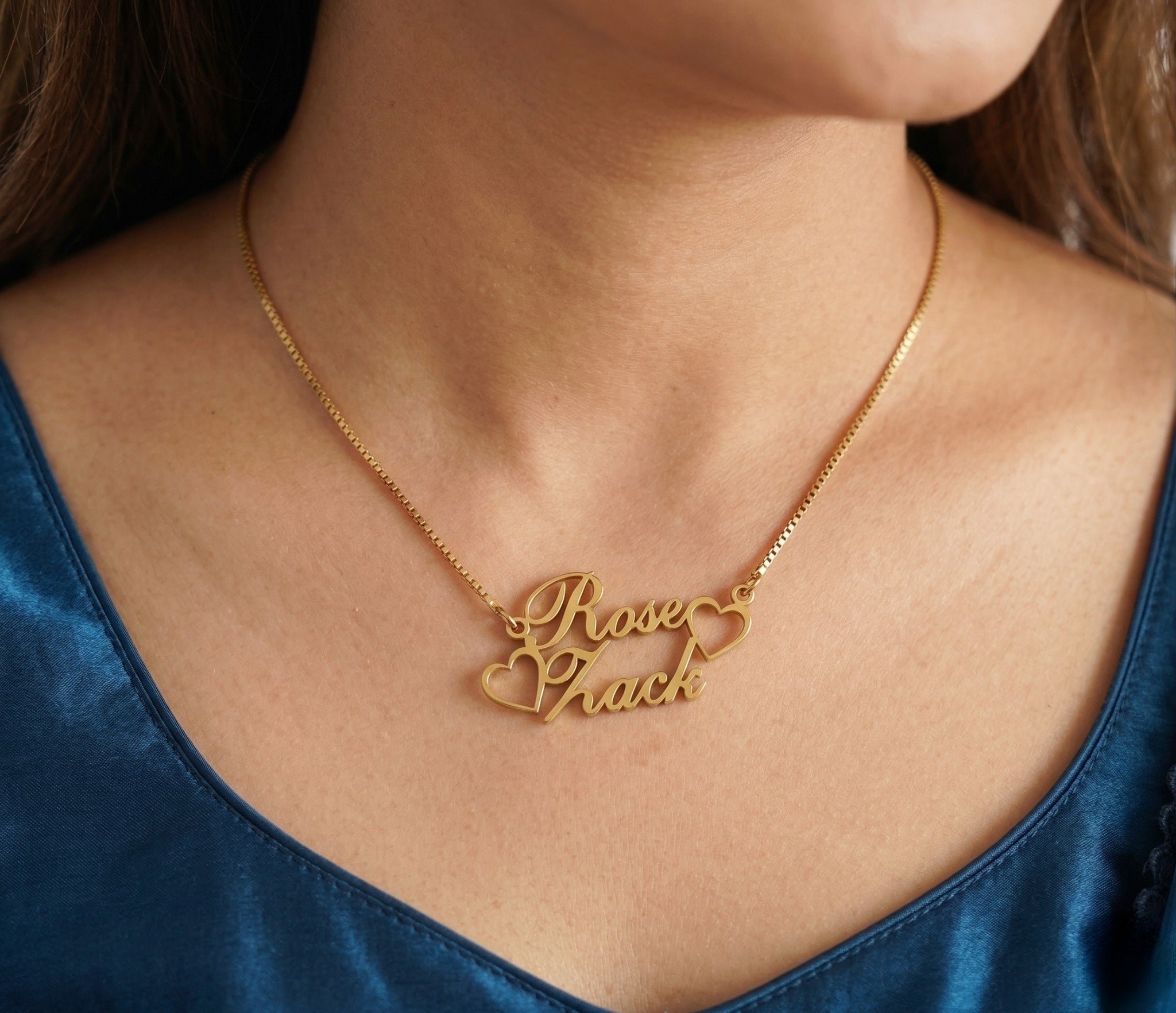 Custom Double Name Necklace with Heart (Gold Finish)