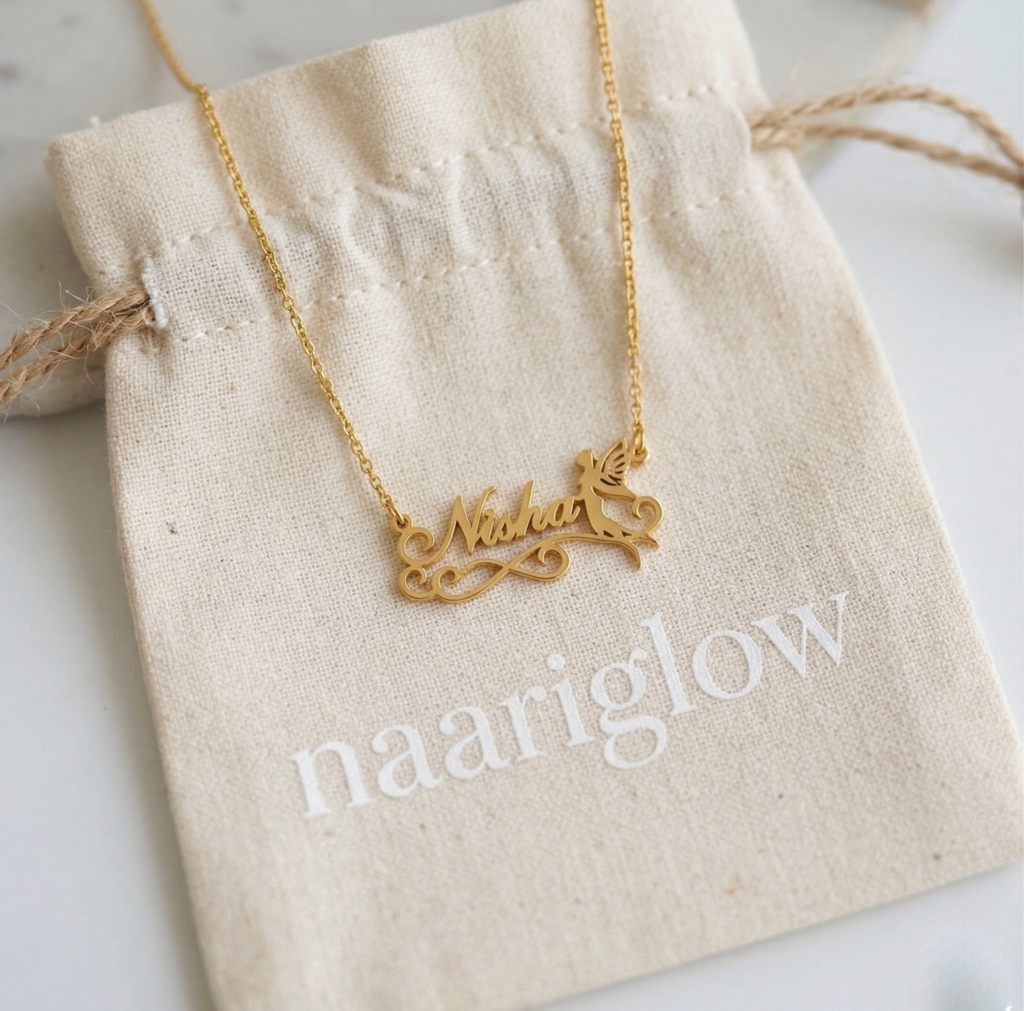 Custom Name Necklace with Angel Design – Personalized Gold Plated Pendant