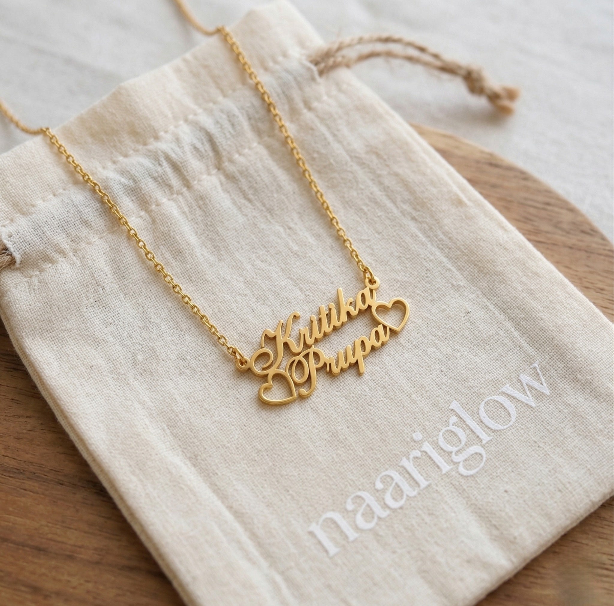 Custom Couple Name Necklace with Heart (Gold Finish)