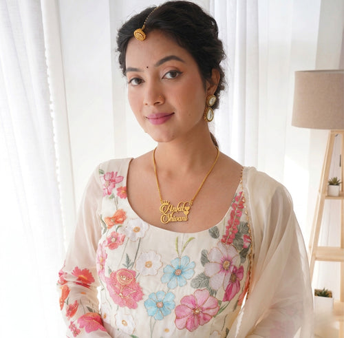 Custom Couple Name Necklace with Crown & Heart (Gold Finish)