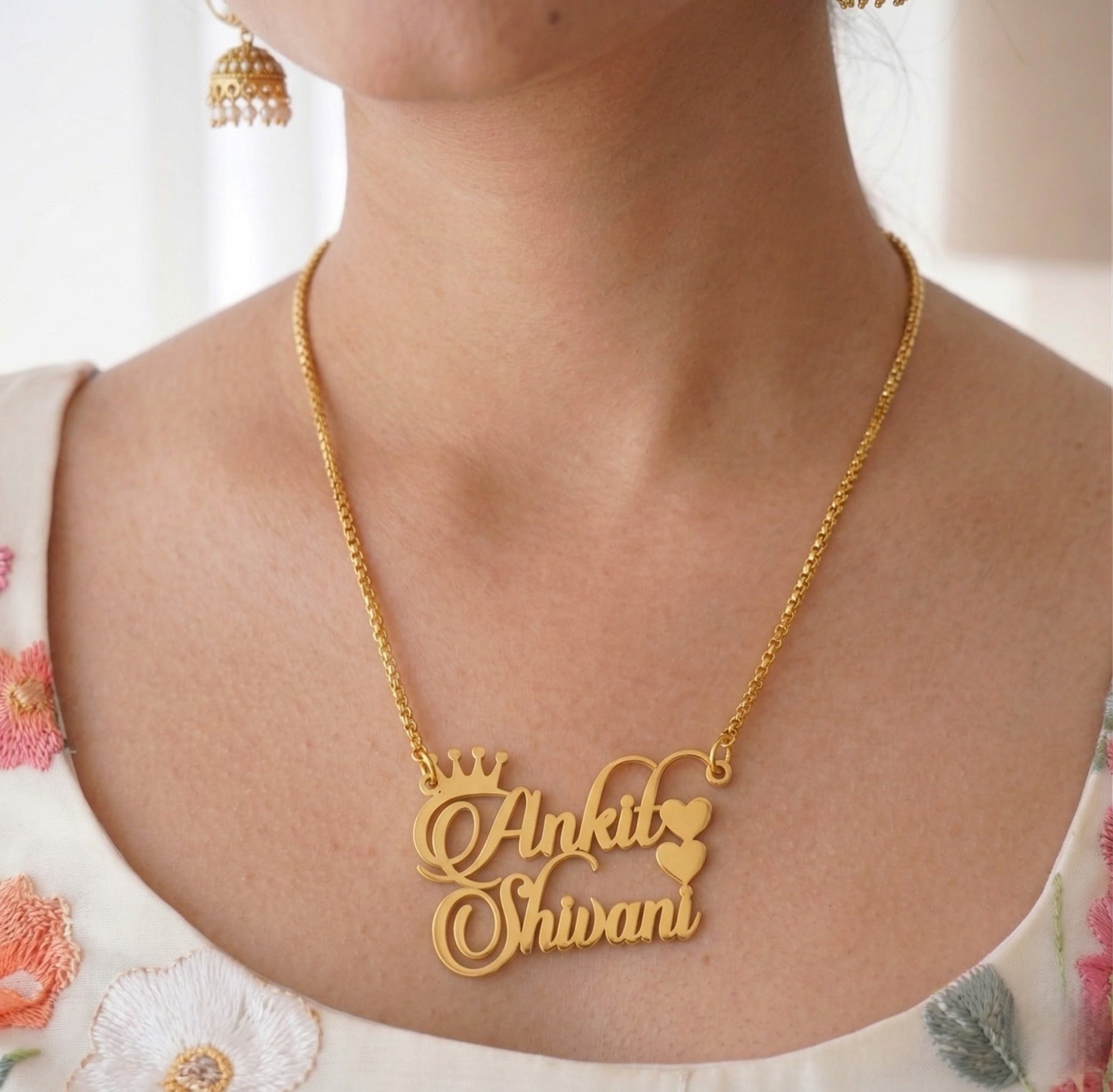 Custom Couple Name Necklace with Crown & Heart (Gold Finish)