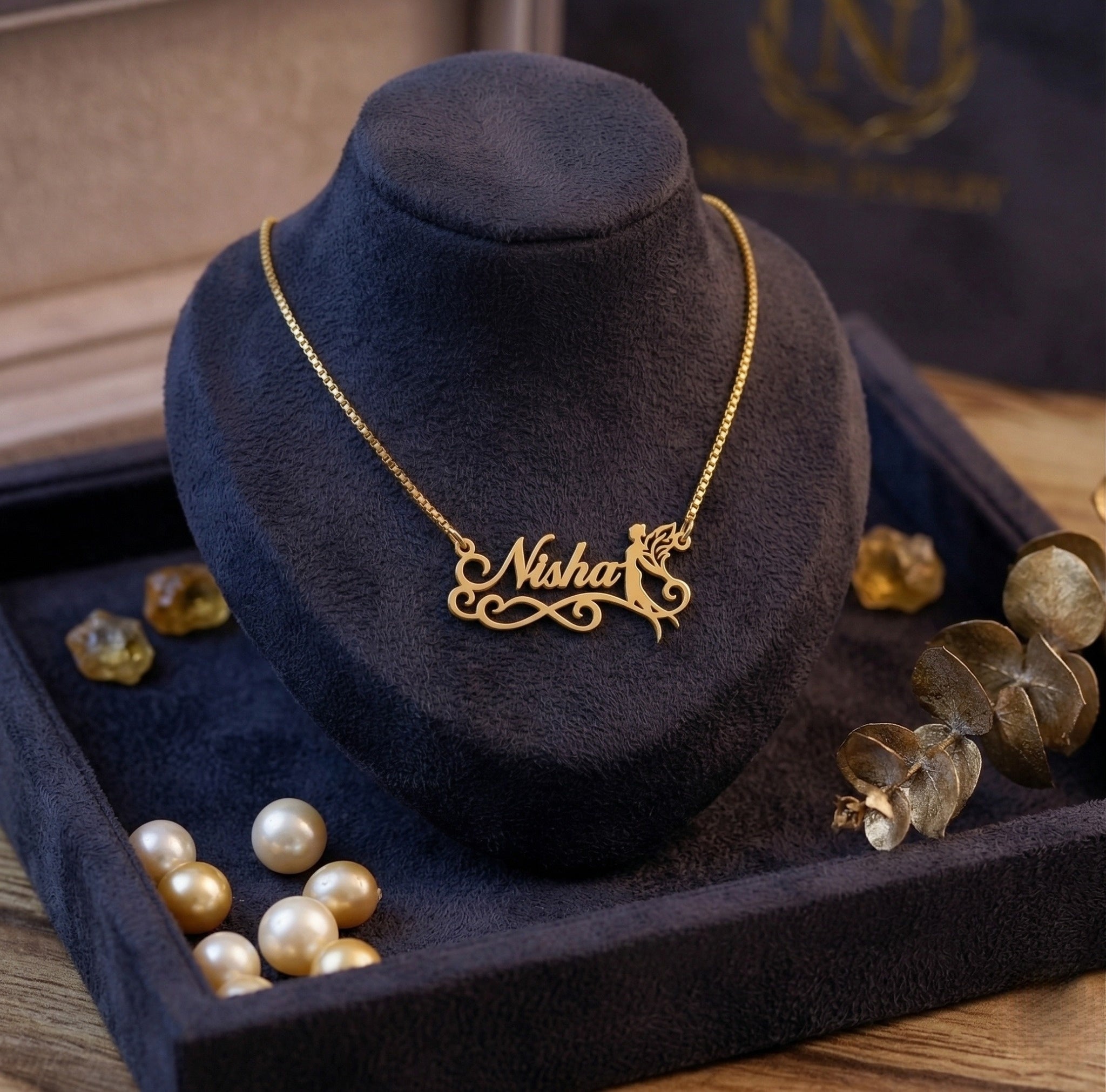 Custom Name Necklace with Angel Design – Personalized Gold Plated Pendant