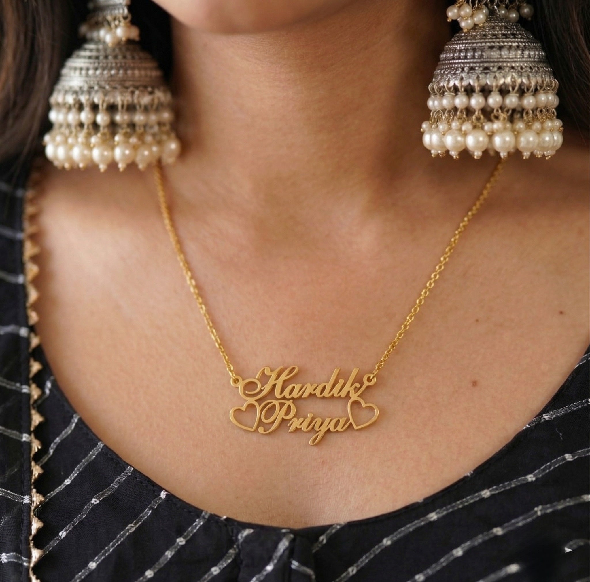 Custom Couple Name Necklace with Heart (Gold Finish)